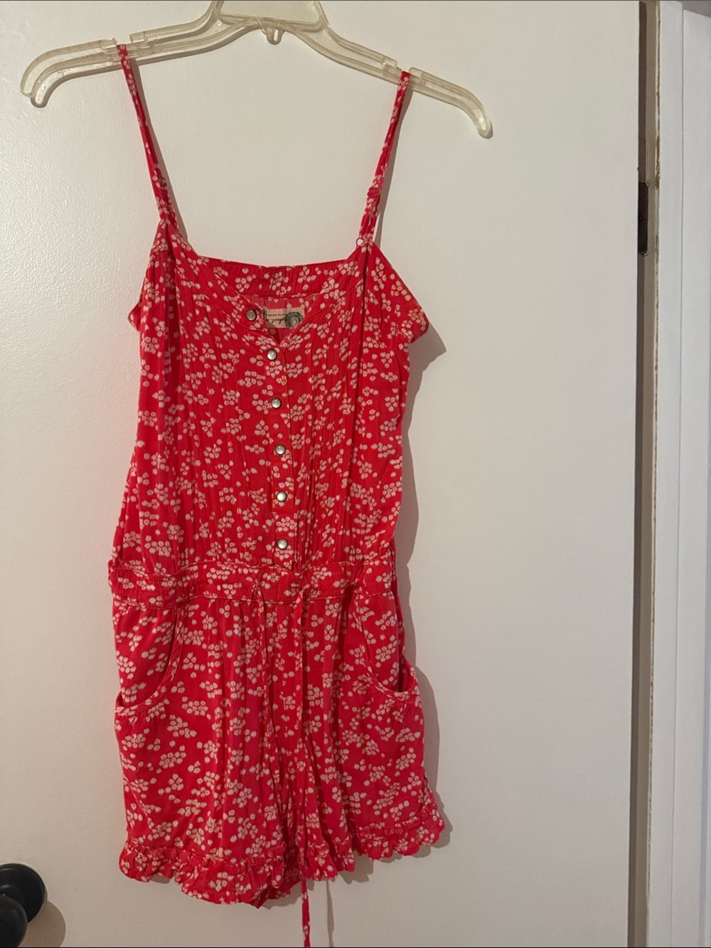 Red Floral Button-Front Spaghetti Strap Dress